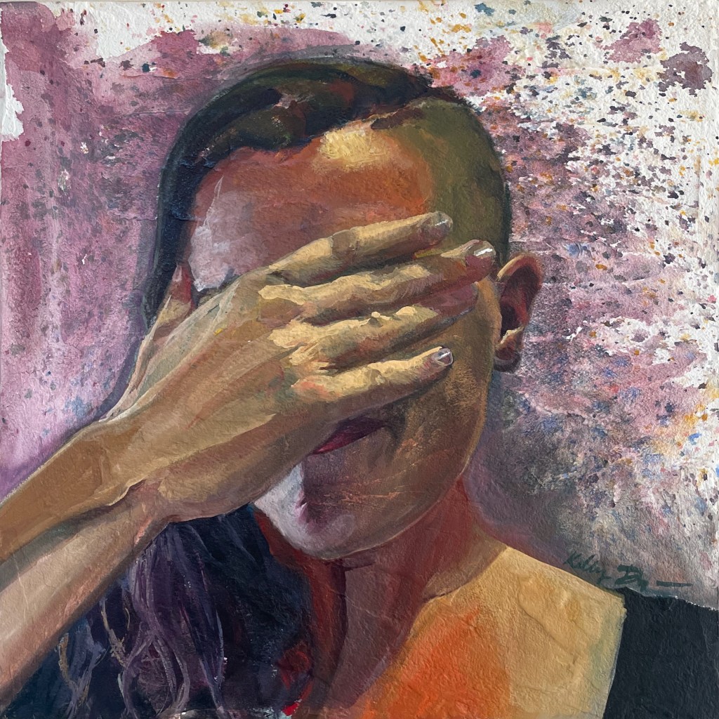 Painted self-portrait of Kelly with one side of her head shaved and her hand covering most of her face, a slight smile visible beneath it